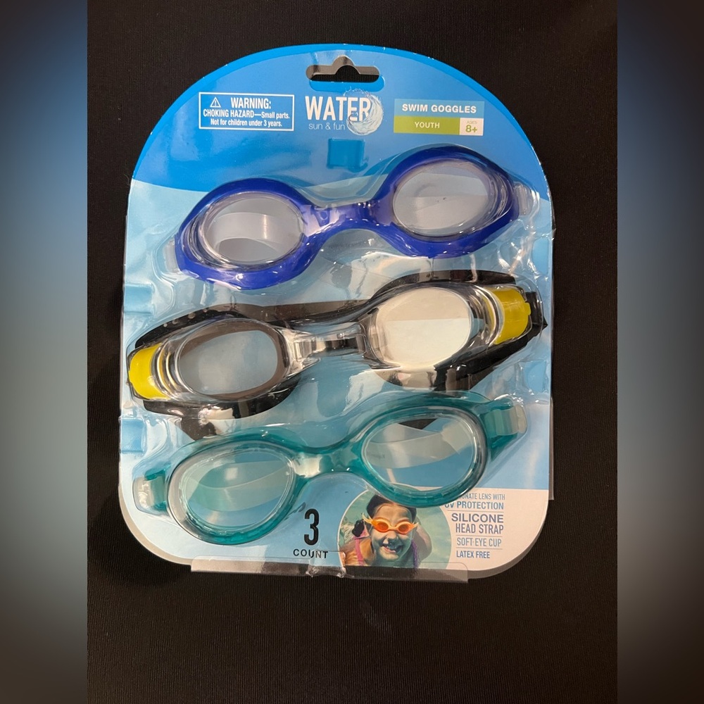 Water Sun & Fun Swim Goggles Polycarbonate Lens w/UV Protection 3 Pack Youth 8+